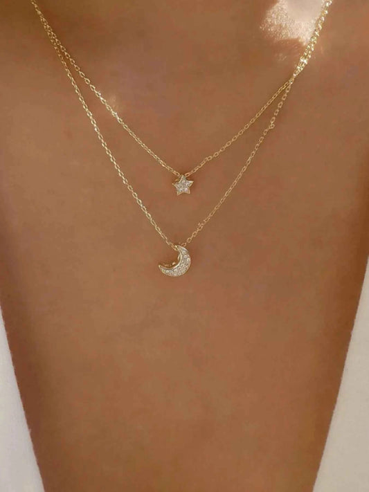 Double Layered Star and Moon Pendant Necklace