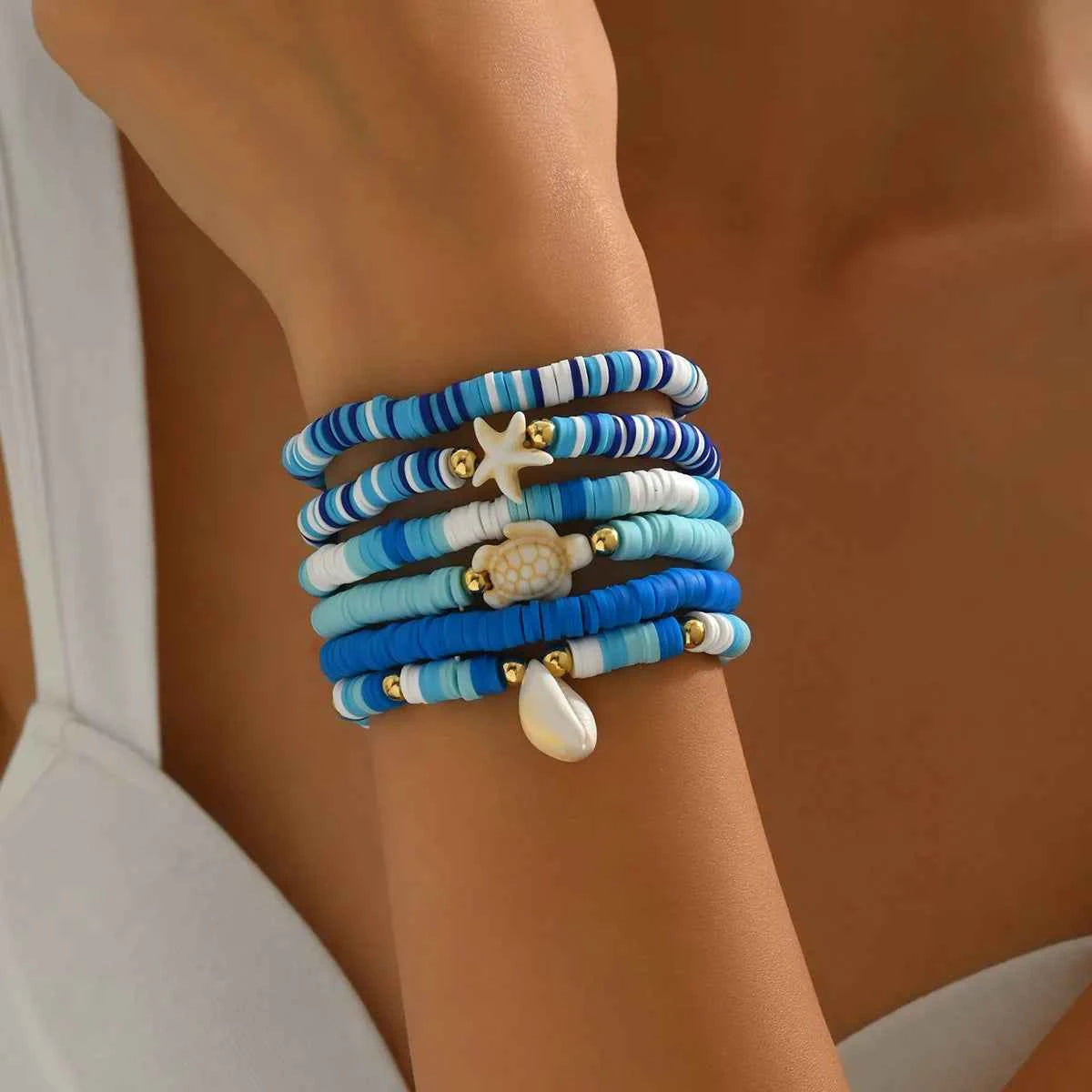 6-Piece Ceramic Beaded Shell Bracelet