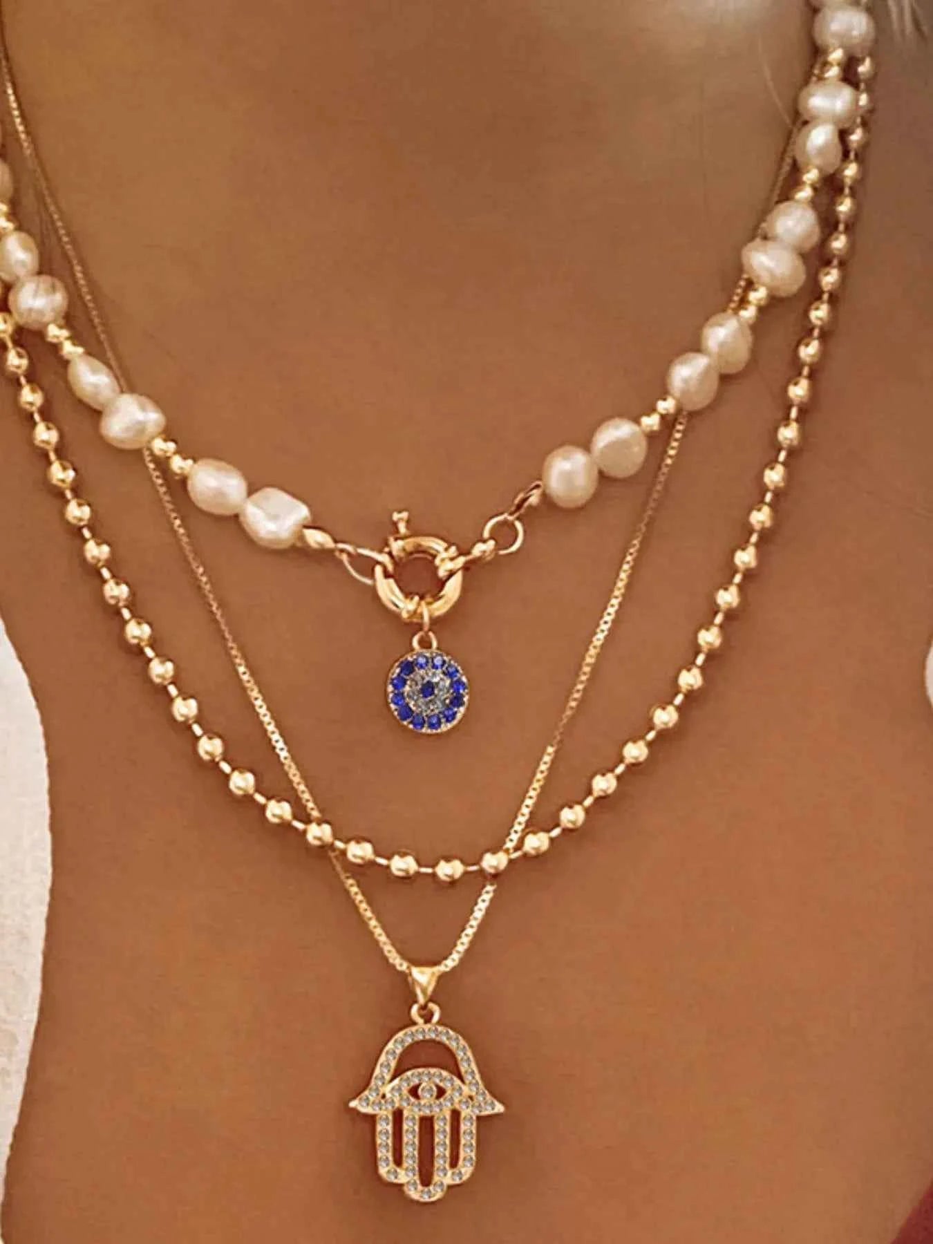 Layered Pearl Chain Evil Eye Hamsa Pendant Necklace