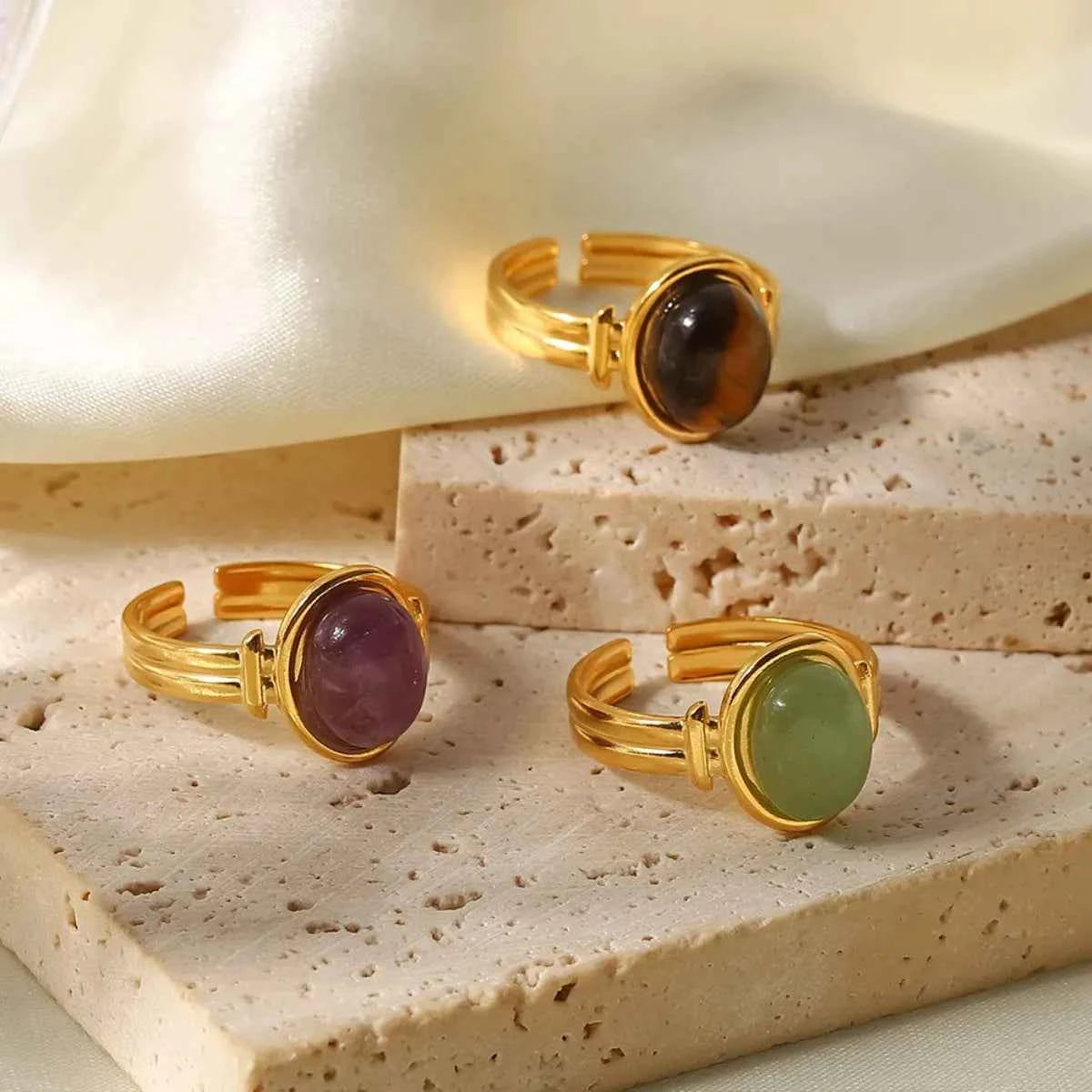 Vintage Natural Stone Gold Plated Adjustable Ring