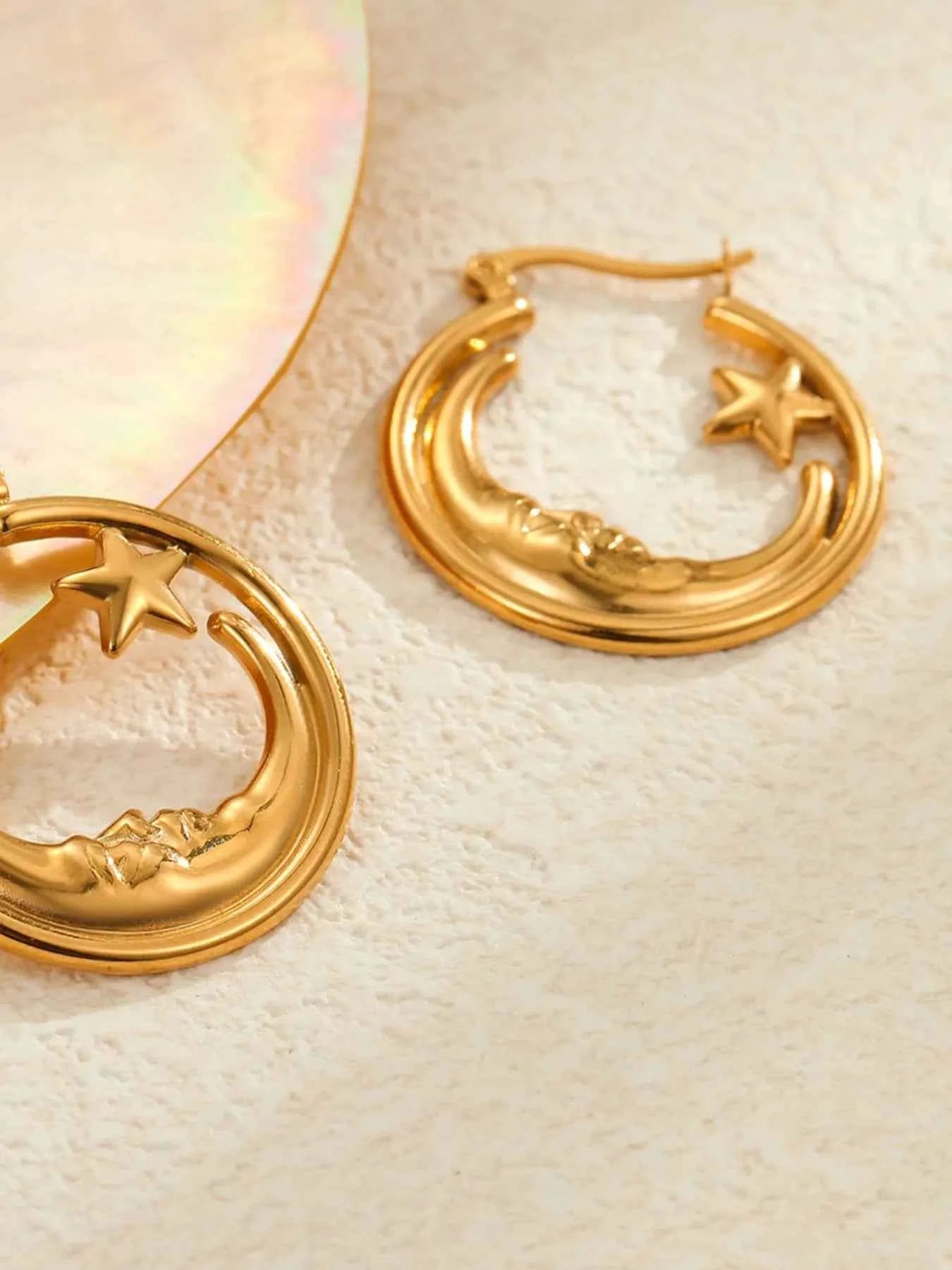18K Gold-Plated Crescent Moon Star Hoop Earrings