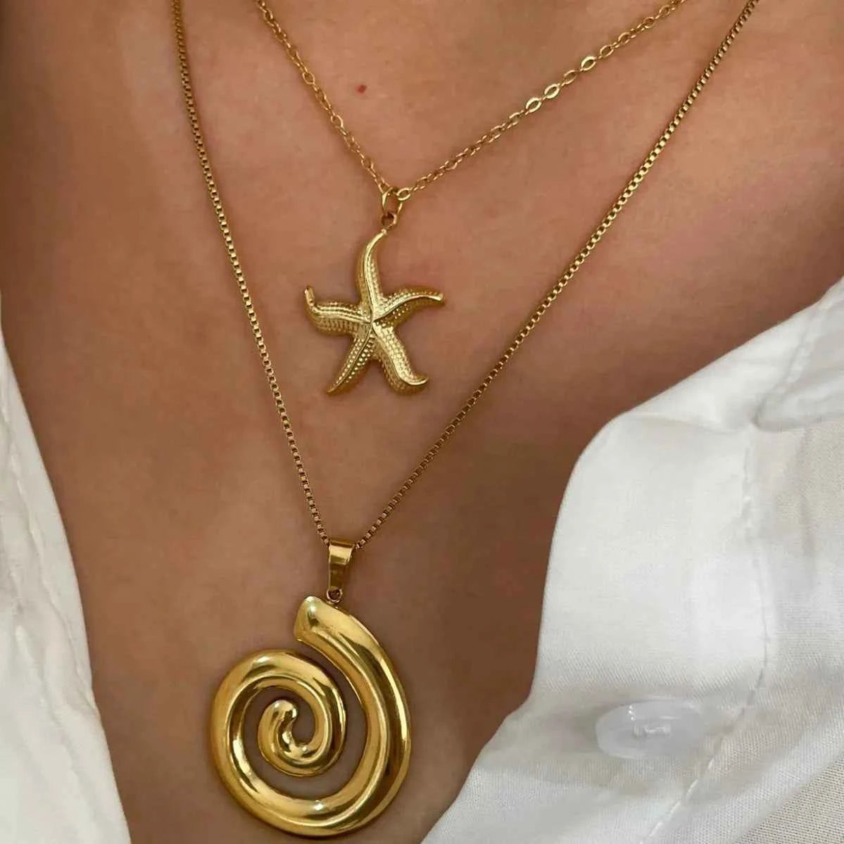 2-Piece 18K Gold-Plated Starfish Spiral Pendant Necklace