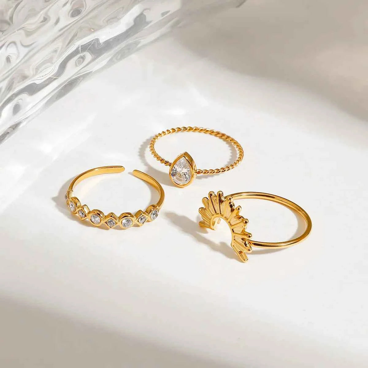 3 Piece Stainless Steel Rhinestone Sunburst Crown Ring