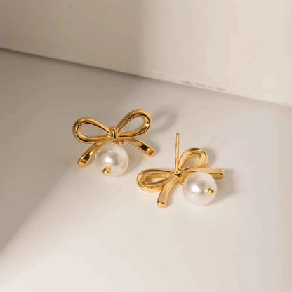 Stainless Steel Bow Pearl Earrings