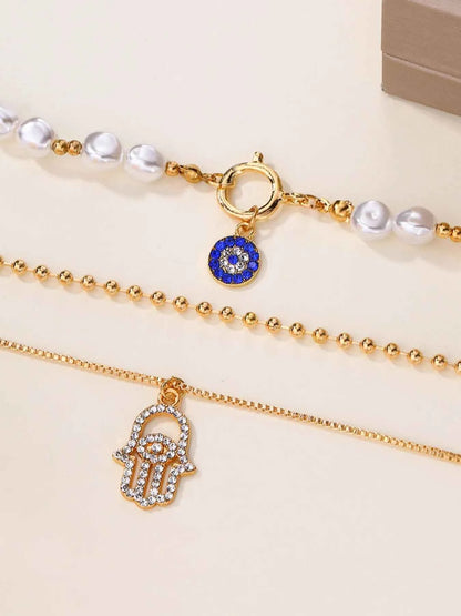 Layered Pearl Chain Evil Eye Hamsa Pendant Necklace