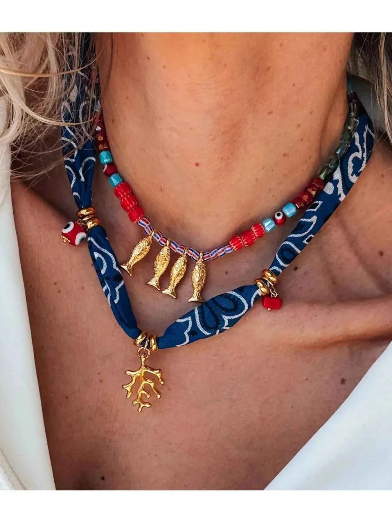 2-Piece Coral and Fish Pendant Necklace