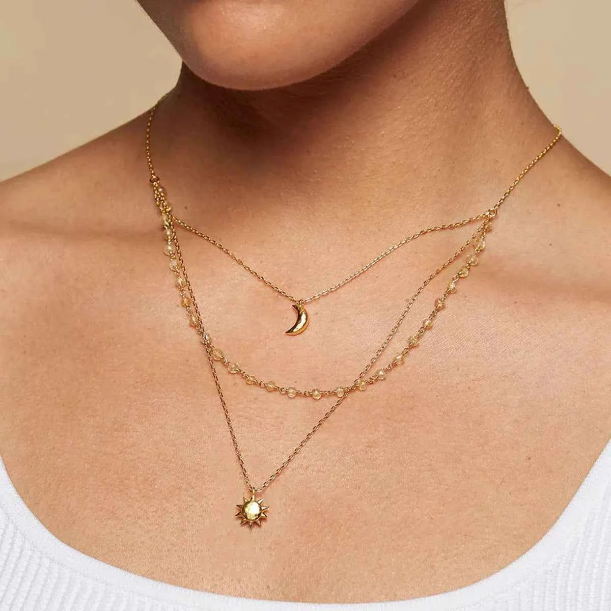 18K Gold-Plated Layered Moon Sun Pendant Necklace