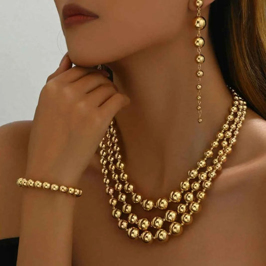 18K Stainless Steel Beaded Multi-Layered Necklace Bracelet Earrings Jewelry Set