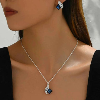 Stainless Steel Crystal Geometric Earrings and Necklace Jewelry Set