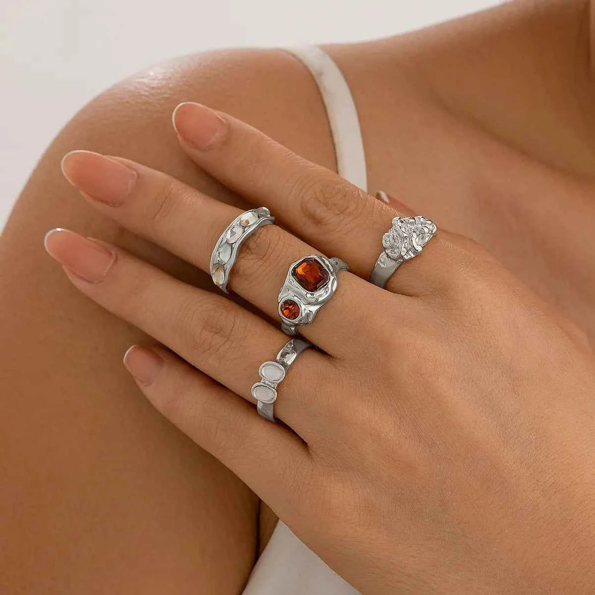 4-Piece Stainless Steel Inlaid Rhinestone Ring