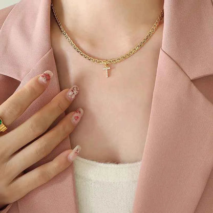 Brass Inlaid Zircon Letter Pendant Necklace