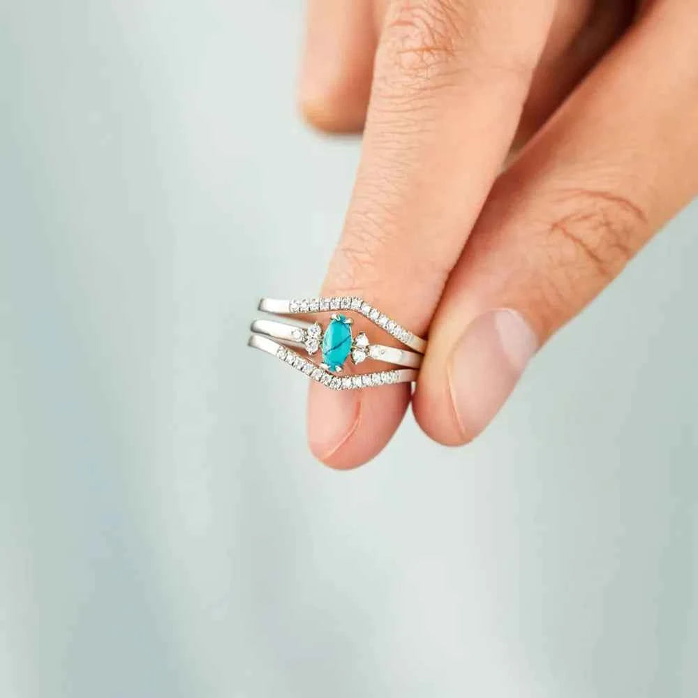 Artificial Turquoise V Shape Inlaid Zircon Ring