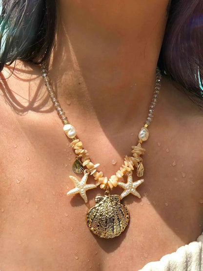 18K Gold-Plated Beach Shell Starfish Pendant Necklace