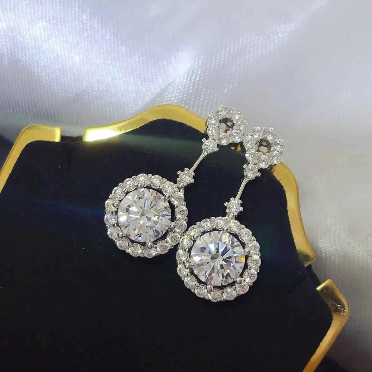 4 Carat Crystal Drop Dangle Earrings with Round Halo Design