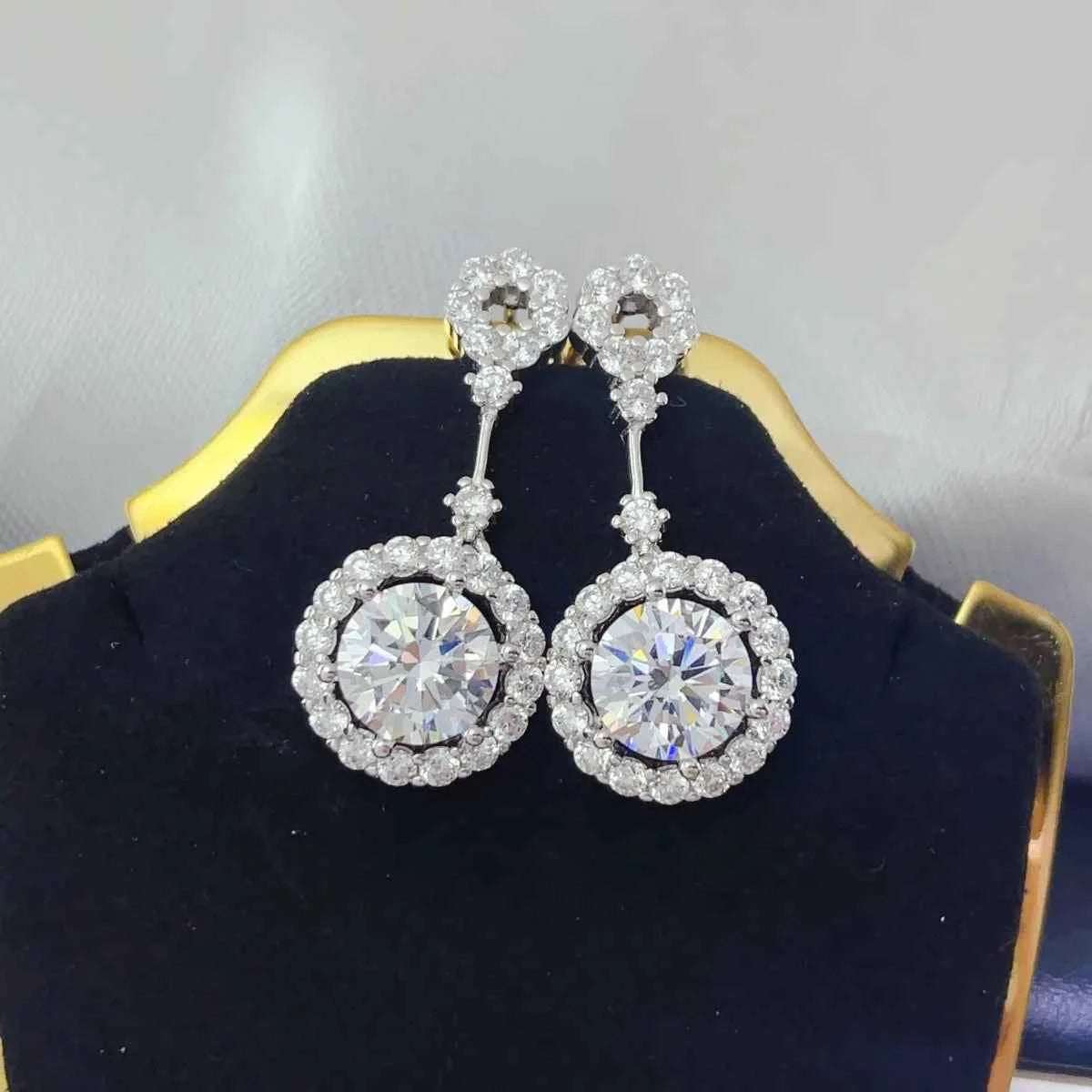 4 Carat Crystal Drop Dangle Earrings with Round Halo Design