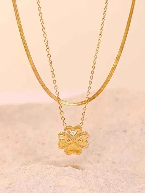 2 Piece 18K Gold-Plated Inlaid Zircon Lucky Clover Necklace