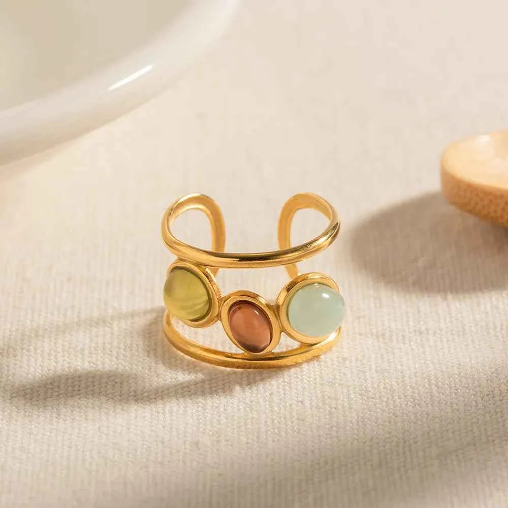 18K Gold-Plated Gemstone Open Cuff Ring