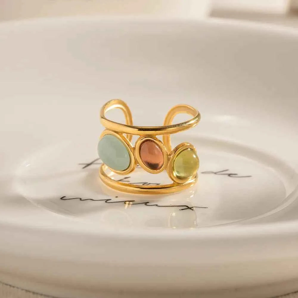 18K Gold-Plated Gemstone Open Cuff Ring