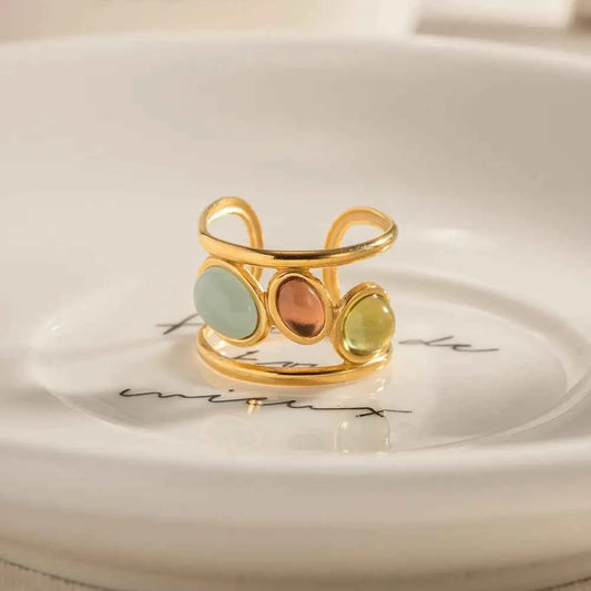 18K Gold-Plated Gemstone Open Cuff Ring
