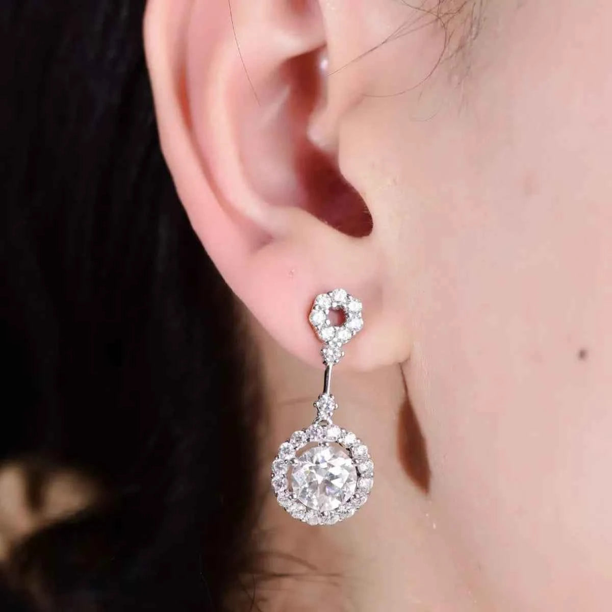 4 Carat Crystal Drop Dangle Earrings with Round Halo Design