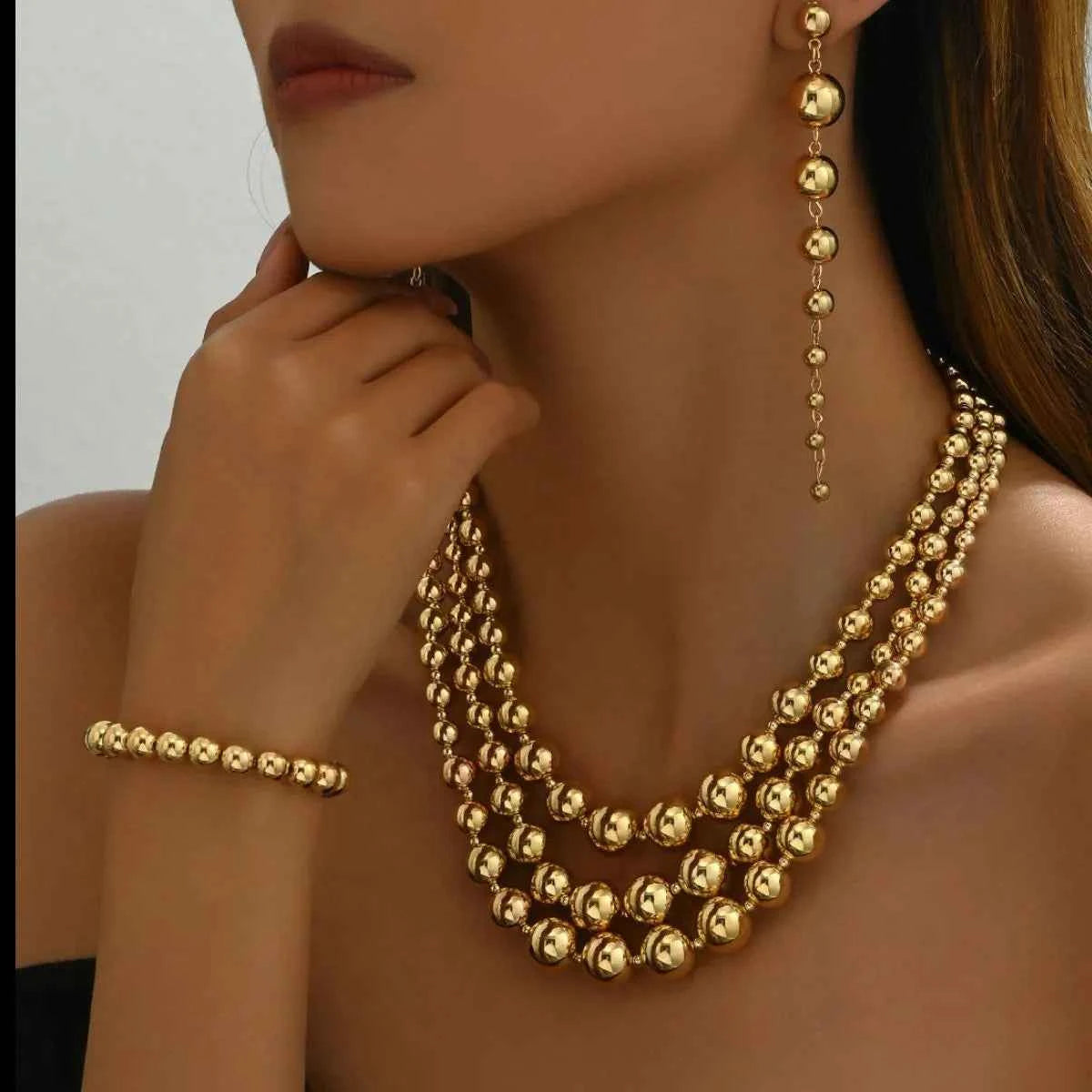 18K Stainless Steel Beaded Multi-Layered Necklace Bracelet Earrings Jewelry Set