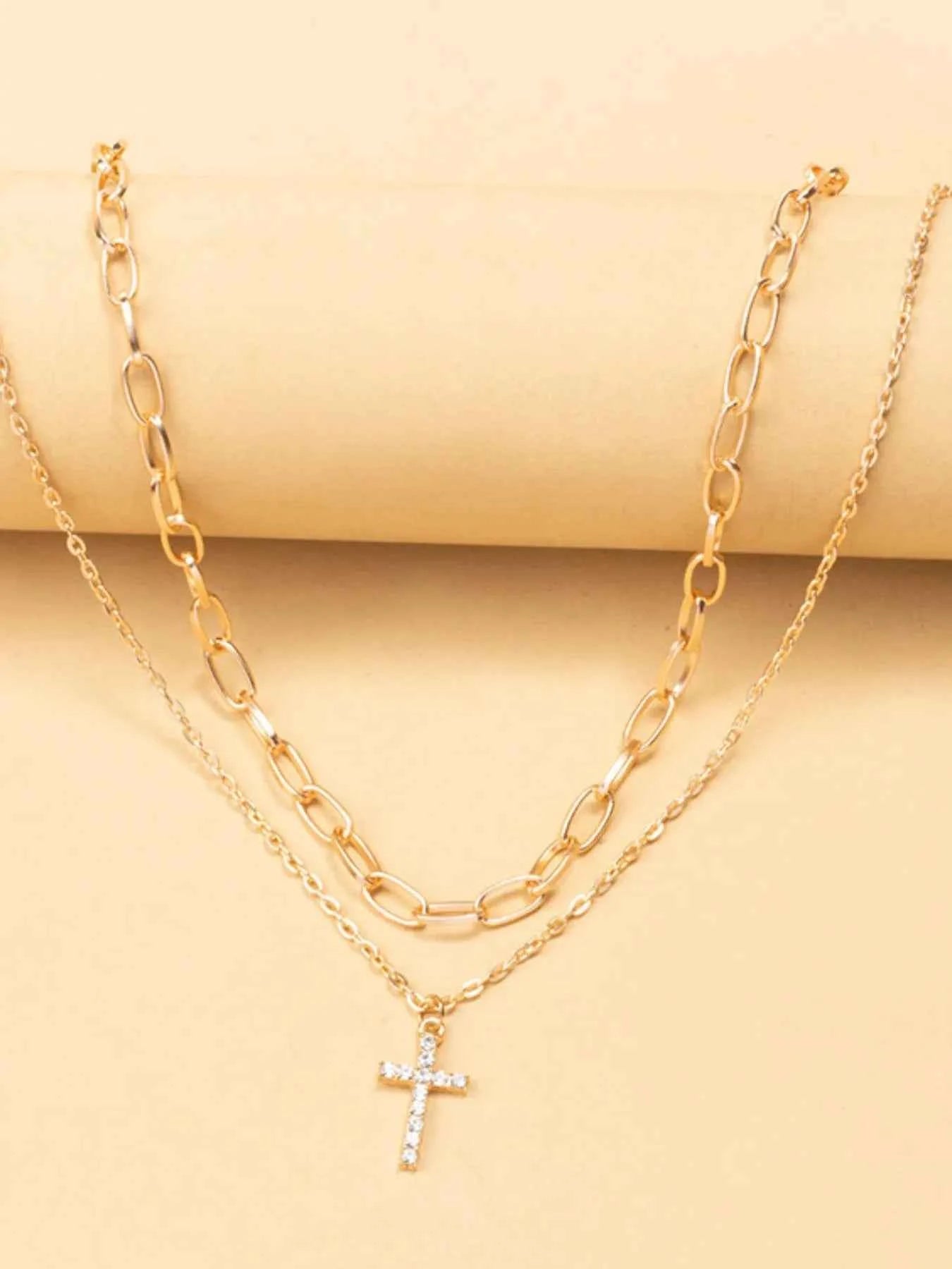 Double Layered Inlaid Zircon Cross Pendant Necklace