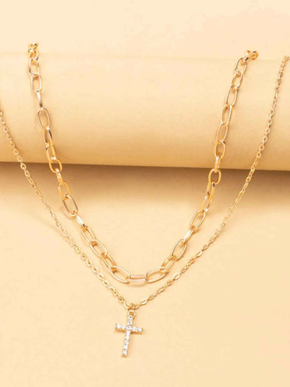 Double Layered Inlaid Zircon Cross Pendant Necklace