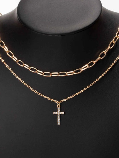 Double Layered Inlaid Zircon Cross Pendant Necklace