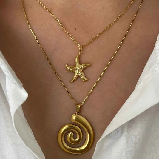2-Piece 18K Gold-Plated Starfish Spiral Pendant Necklace