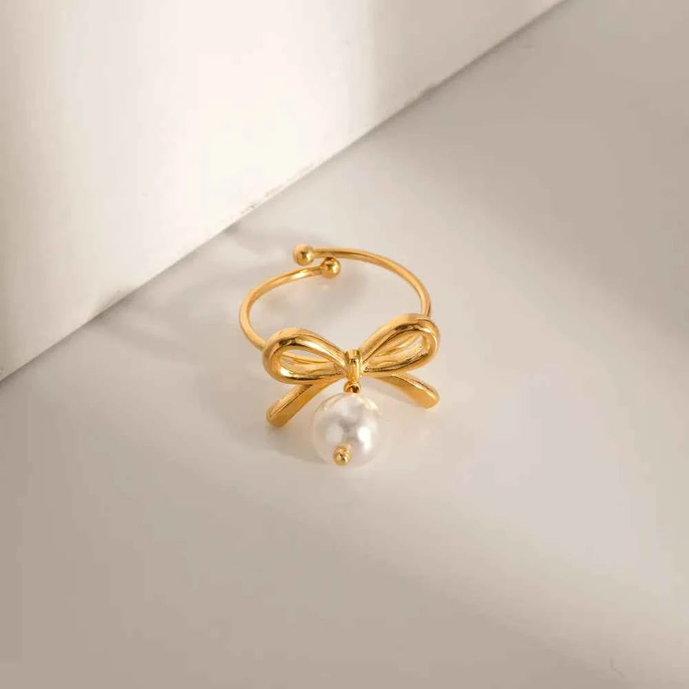 Stainless Steel Pearl Bow Ring