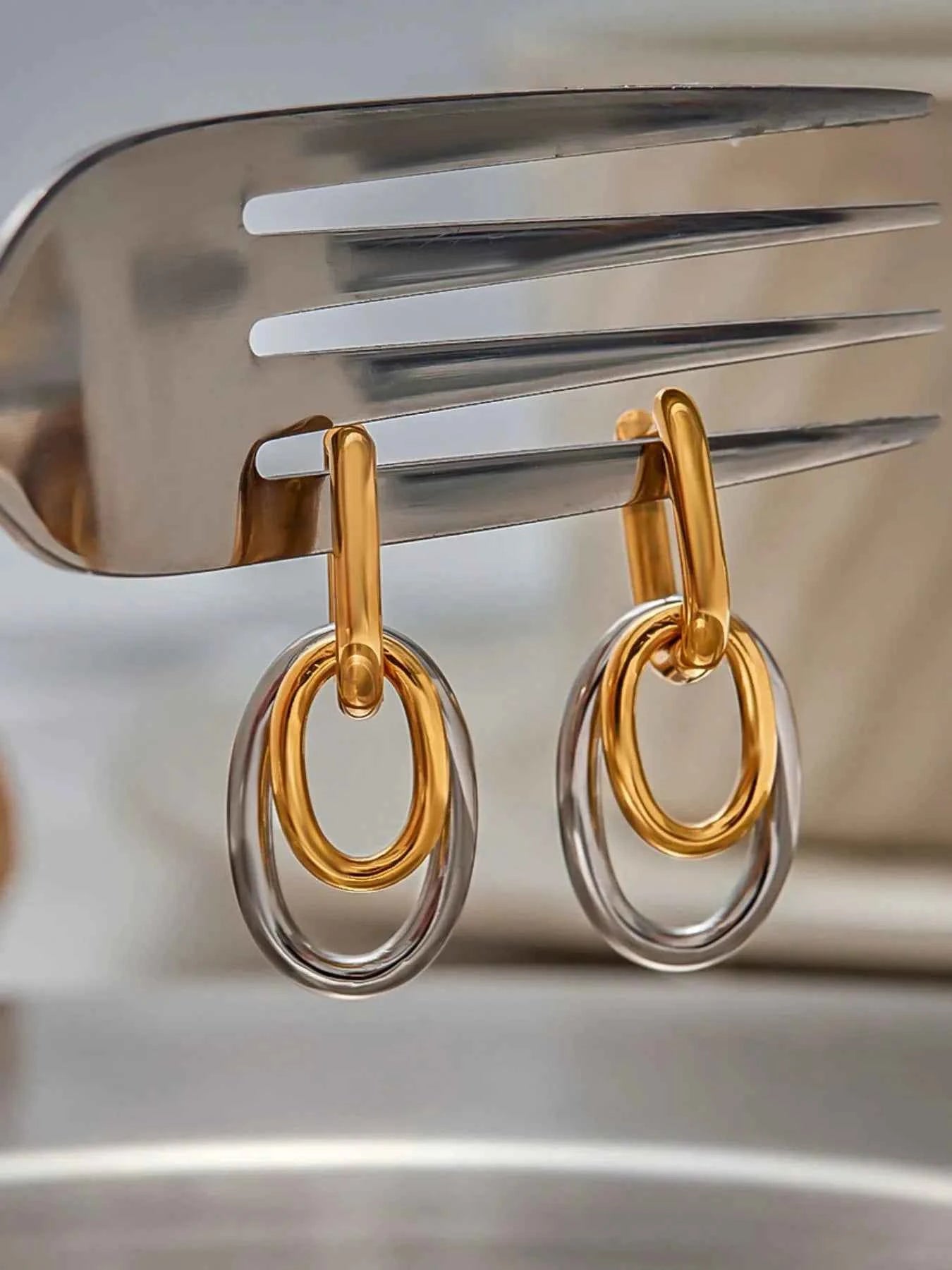 Stainless Steel Two-Tone Interlocked Hoop Earrings