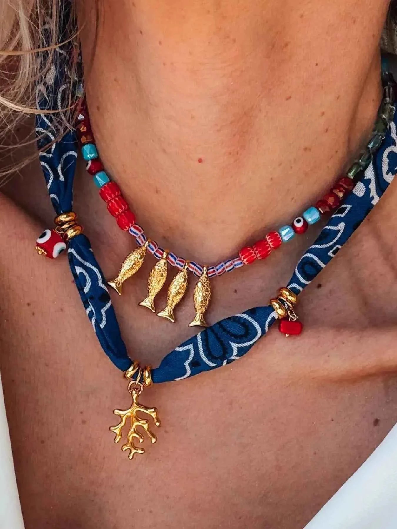 2-Piece Coral and Fish Pendant Necklace