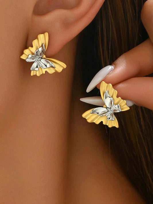 Two-Tone Stainless Steel Butterfly Earrings