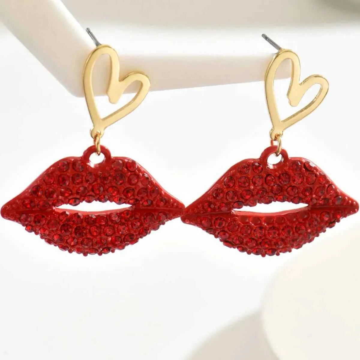 18K Gold-Plated Rhinestone Lips Heart Dangle Earrings