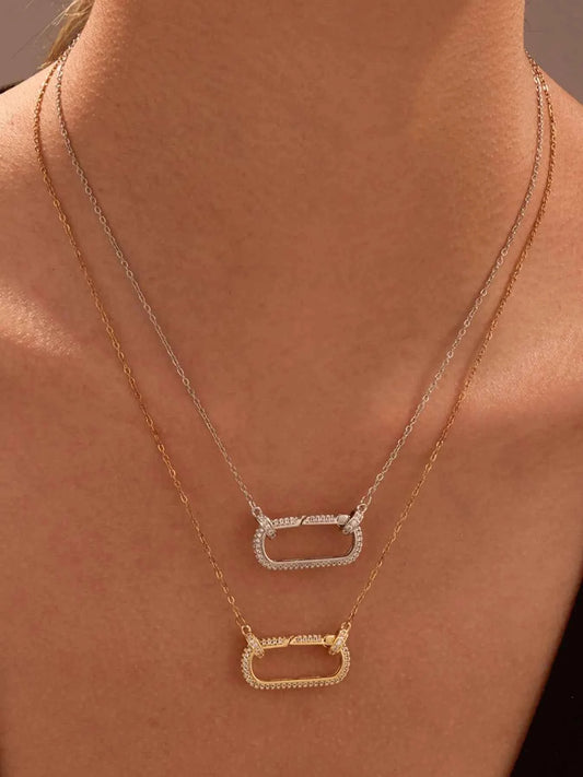 Stainless Steel Zircon Rectangle Pendant Necklace