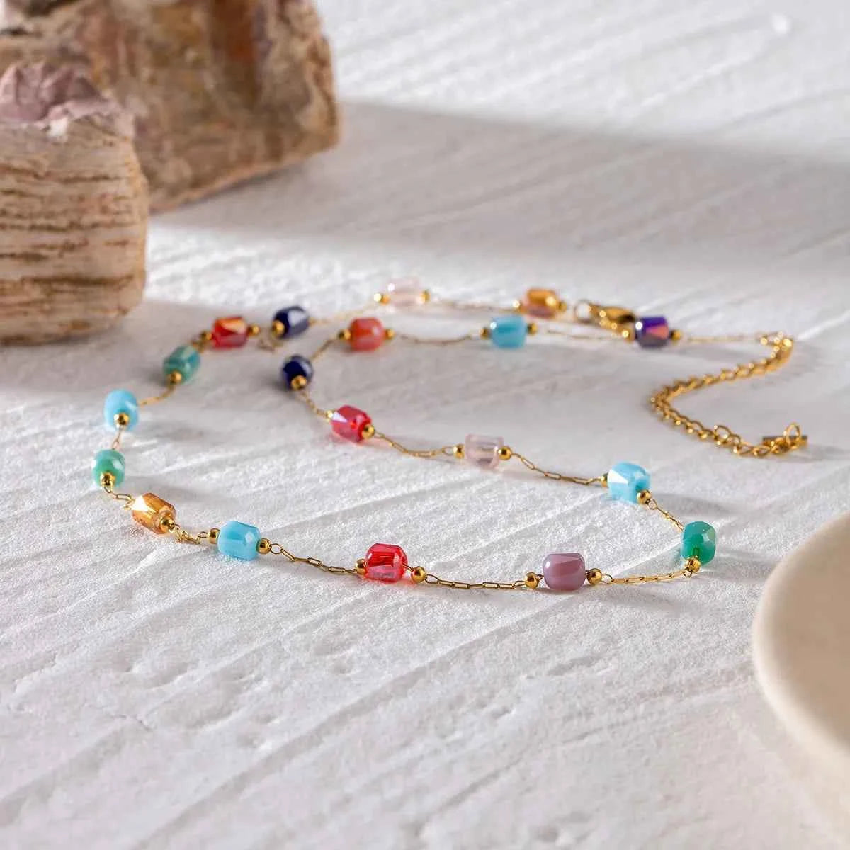 18K Gold-Plated Colorful Glass Bead Necklace