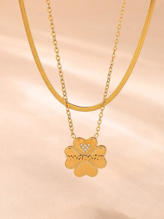 2 Piece 18K Gold-Plated Inlaid Zircon Lucky Clover Necklace - Mr. Gem & Company