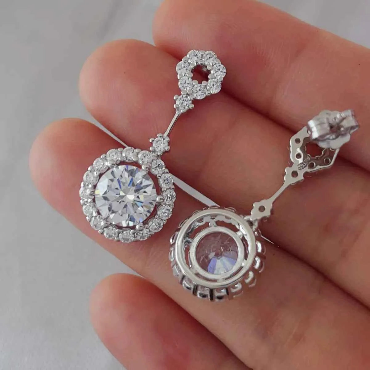 4 Carat Crystal Drop Dangle Earrings with Round Halo Design