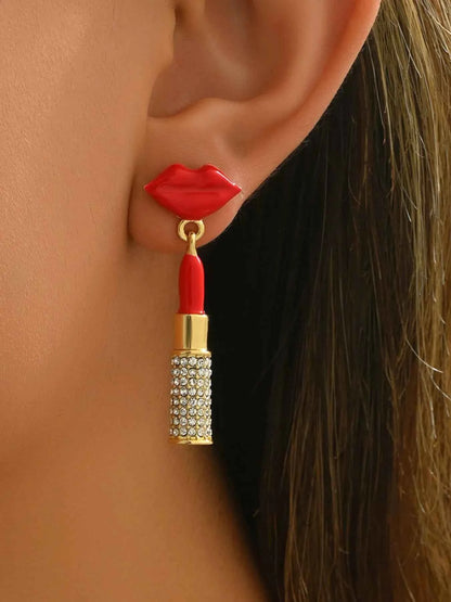 Stainless Steel Resin Lips Lipstick Rhinestone Earrings