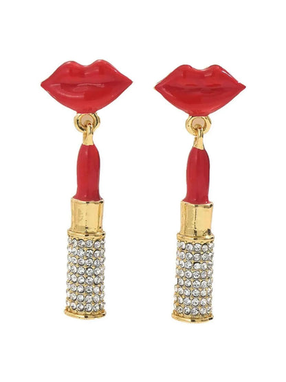 Stainless Steel Resin Lips Lipstick Rhinestone Earrings