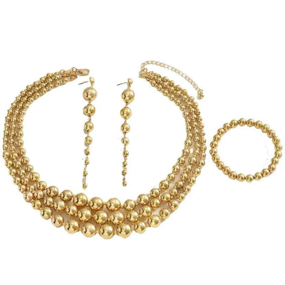 18K Stainless Steel Beaded Multi-Layered Necklace Bracelet Earrings Jewelry Set