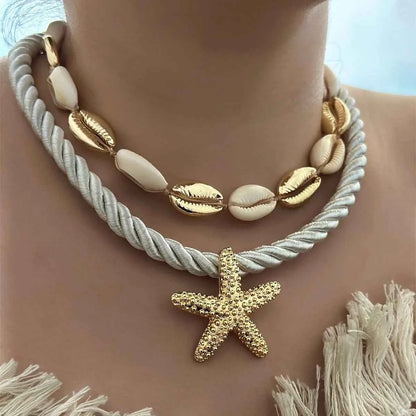 2-Piece Beaded Shell Starfish Rope Necklace