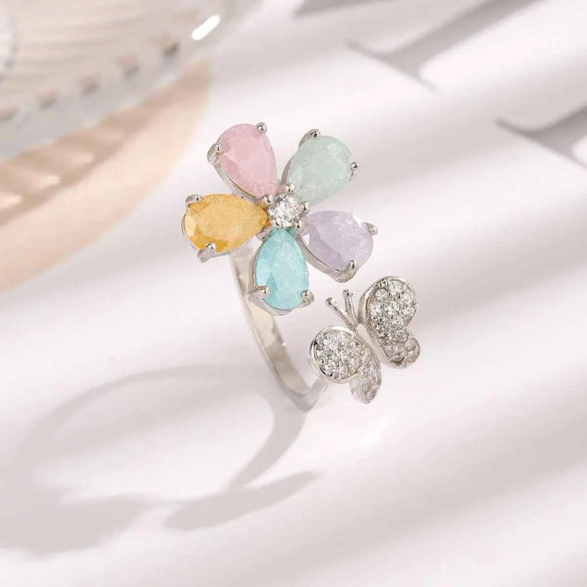 925 Sterling Silver Inlaid Zircon Flower & Butterfly Ring