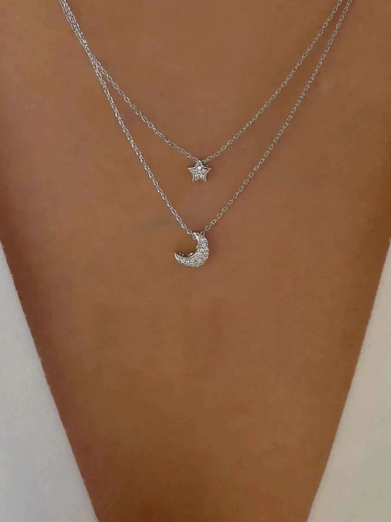 Double Layered Star and Moon Pendant Necklace