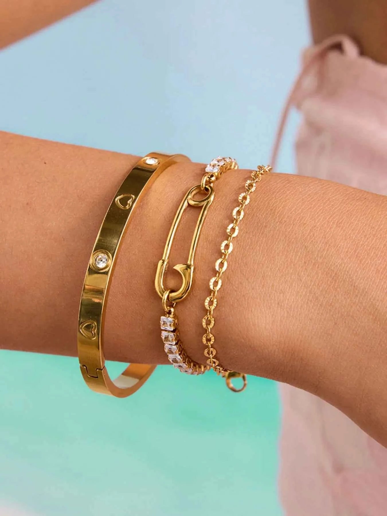 2-Piece 18K Gold-Plated Inlaid Zircon Bracelet