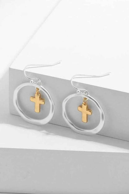 Brass Contrast Cross Dangle Earrings