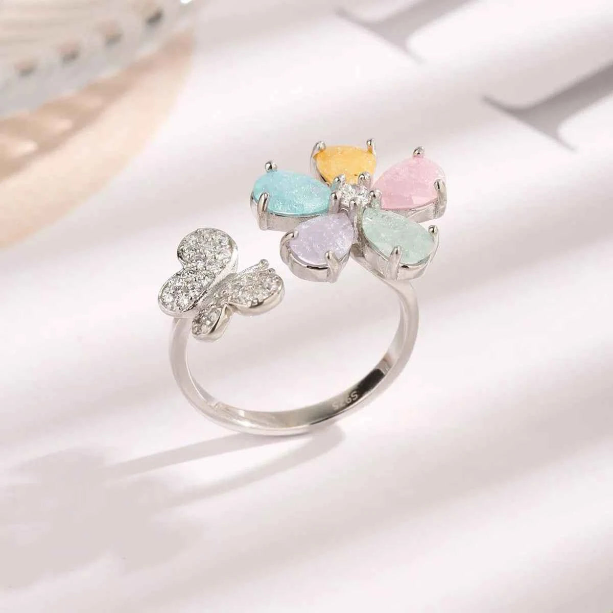 925 Sterling Silver Inlaid Zircon Flower & Butterfly Ring