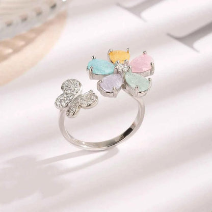 925 Sterling Silver Inlaid Zircon Flower & Butterfly Ring