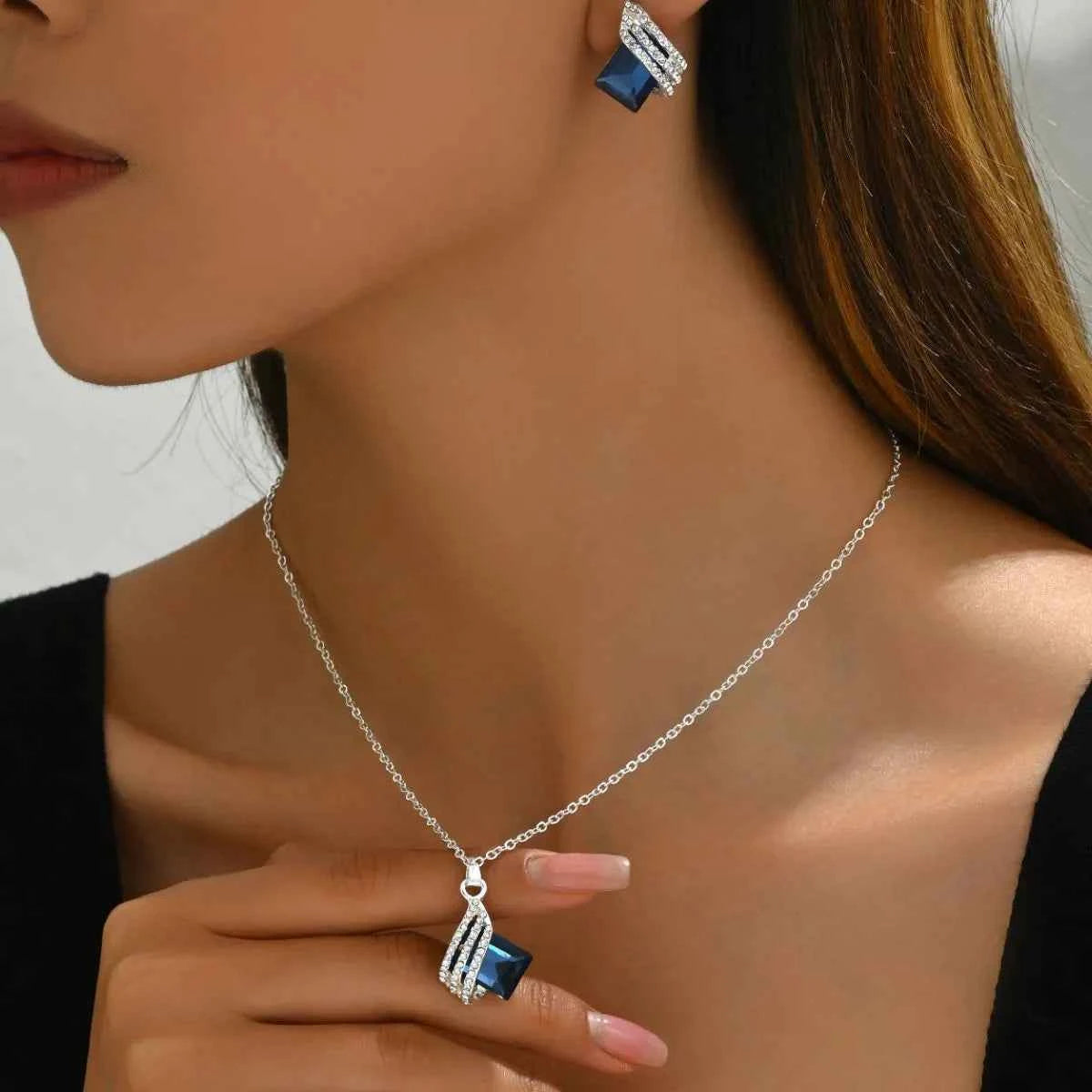 Stainless Steel Crystal Geometric Earrings and Necklace Jewelry Set
