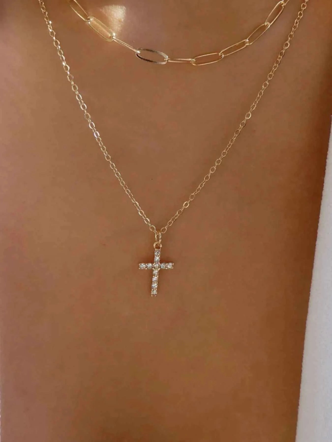 Double Layered Inlaid Zircon Cross Pendant Necklace